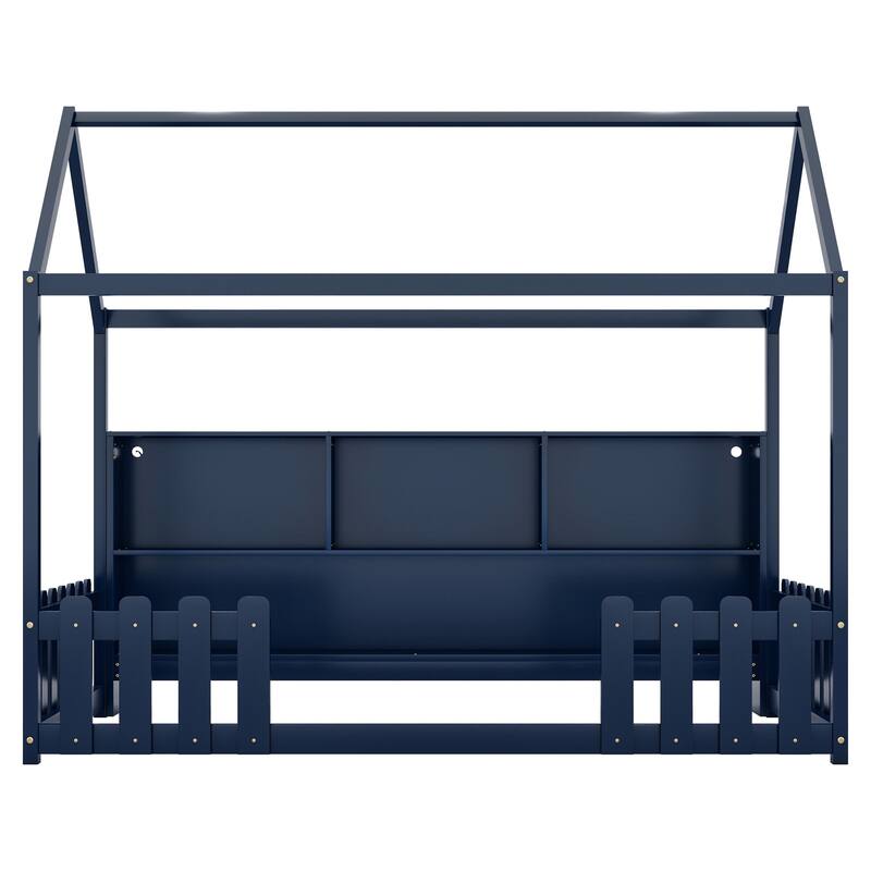 House Bed with LED Light, Wood House Bed with Storage Bookshelf, Floor House Bed with Guardrails
