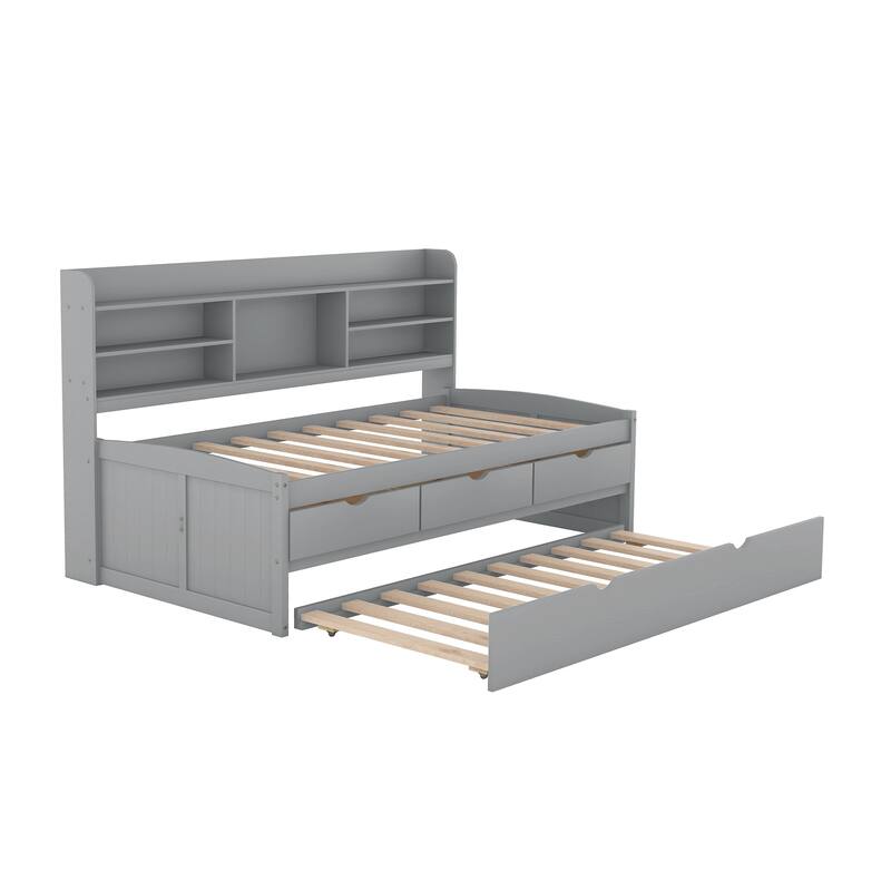 Twin Size Wooden Bed with Built-in Bookshelves, Storage Drawers, and Trundle in Light Grey