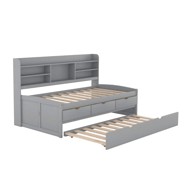 Wooden Twin Captain Bed with Built-in Bookshelves, 3 Drawers, and Trundle