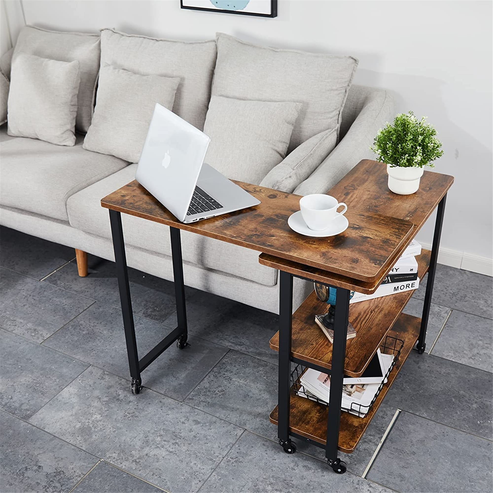 Sofa Side Table with Storage Shelves Mobile Swivel End Table with