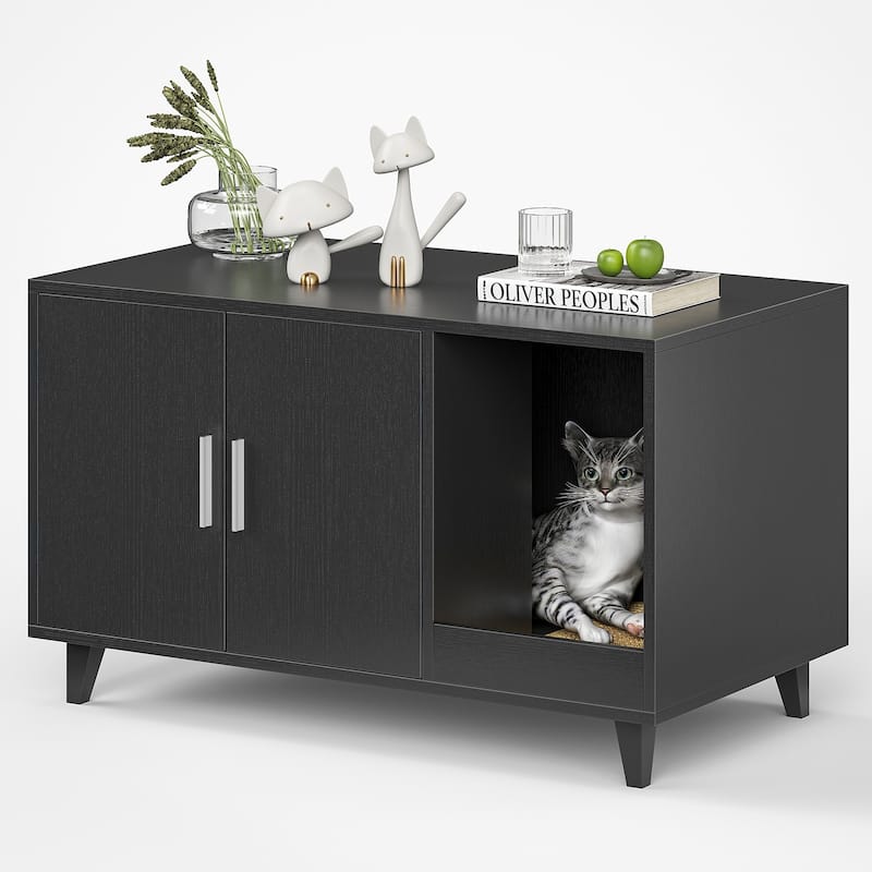STARY Hidden Cat Litter Box Enclosure Furniture with Scratching Mat - Black