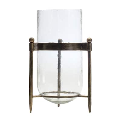 Glass Hurricane Candle Holder in Metal Stand 13.5"H