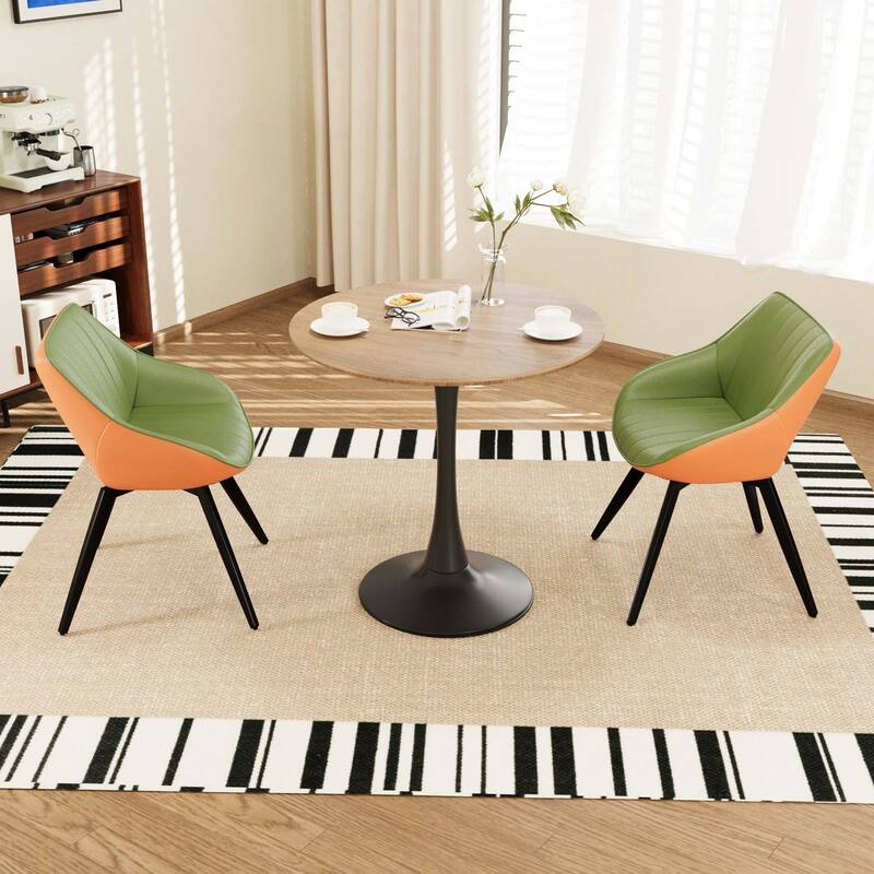 31.5 " MDF round dining table, tulip dining table, and 2 artificial leather decorative chairs with black metal legs