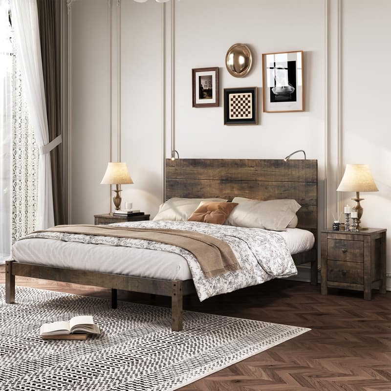 3-Piece Bedroom Sets Queen Size Platform Bed w Nightstands Antique Walnut/Rustic Gray/Black Gold