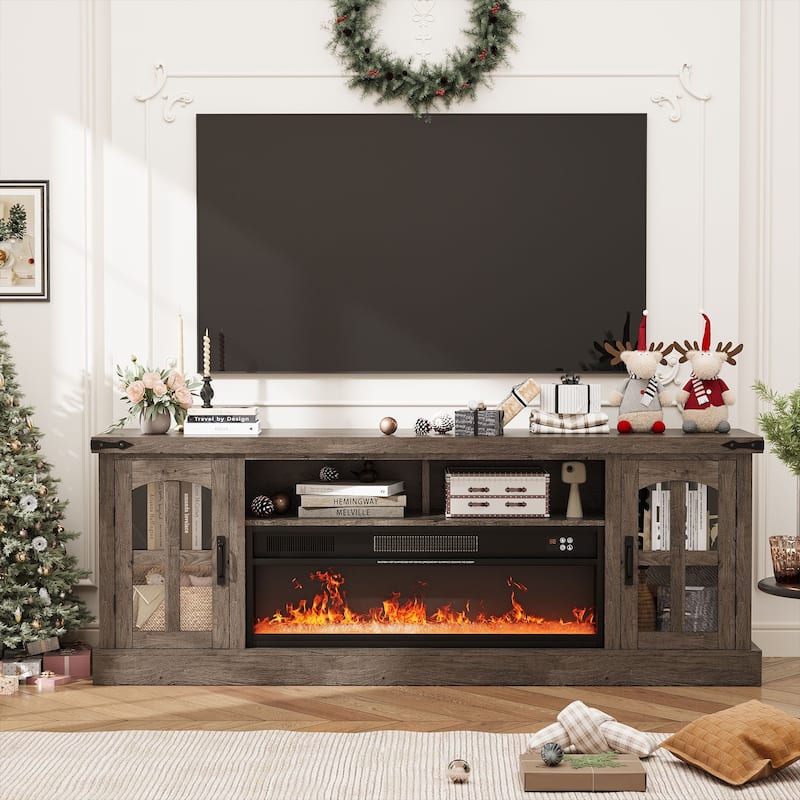 Gymojoy Fireplace 71" TV Stand with 36" Electric Fireplace, Media Console for Up to 80" TVs, LED Lights Entertainment Center. - Oak. - 71"W.