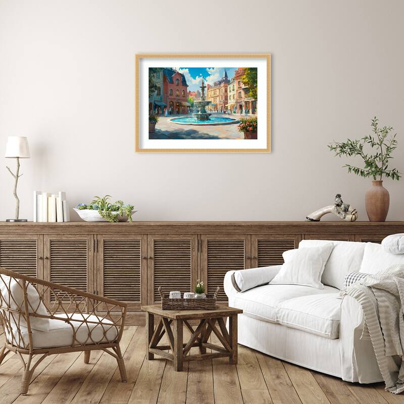 City Gathering Water Fountain by Tradelink inhouse artist Wood Framed Wall Art Print - Bethany Gold