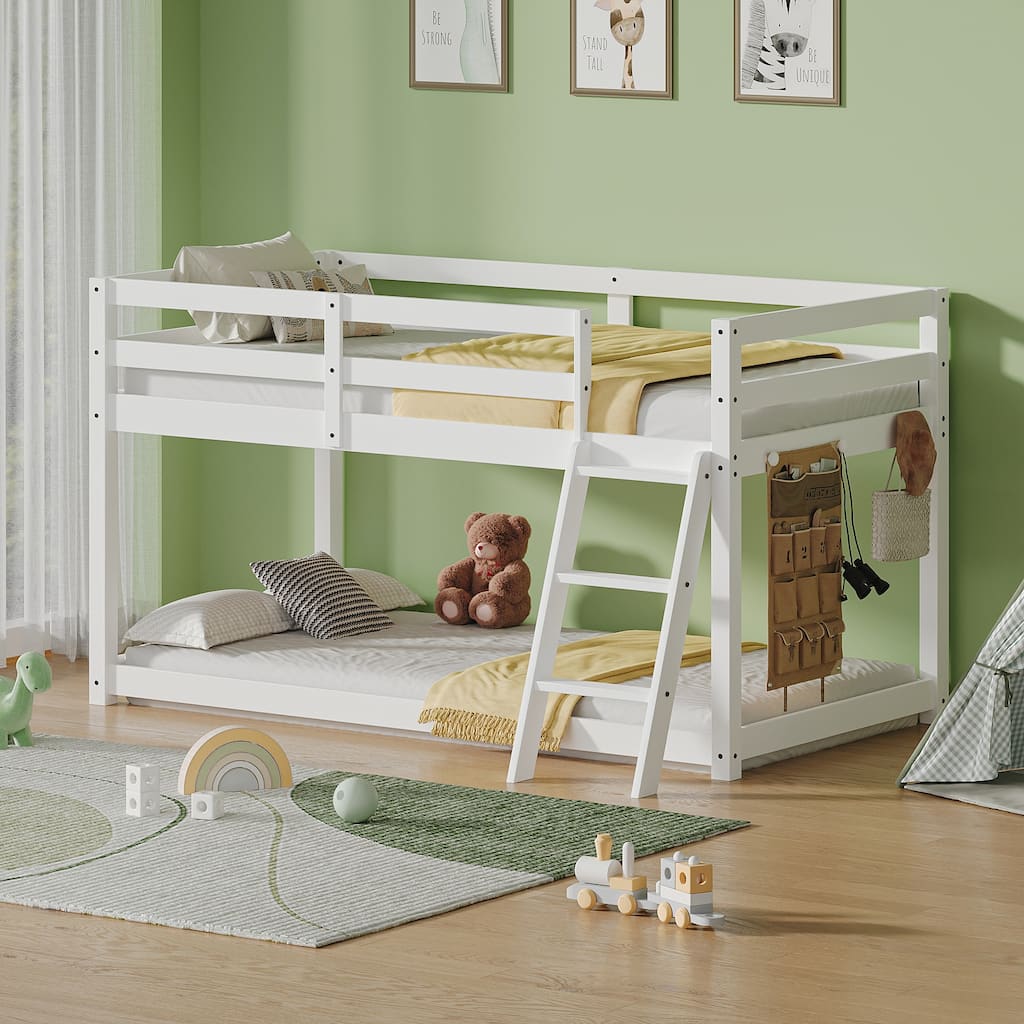 Modern Kids Twin Low Loft Bed - Convertible to Bunk Bed & LED Strip Lighting - White