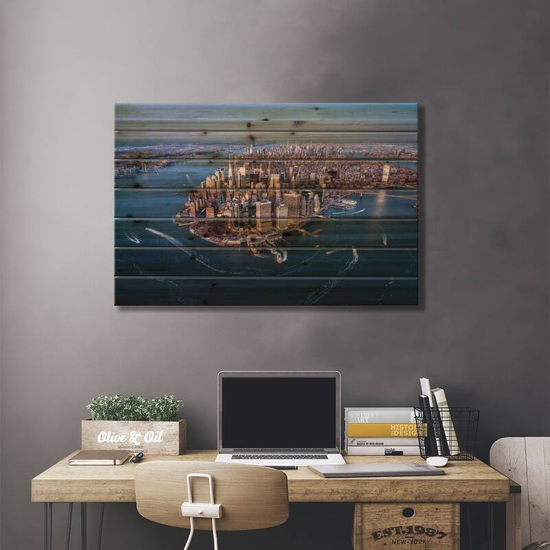 Aerial view of the Lower Manhattan skyline, New York City Print On Wood by Jan Becke - Multi-Color