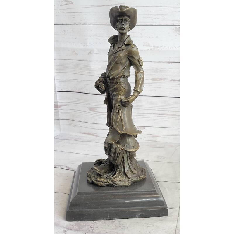 Cowboy Holding Imitative Horse Saddle Bronze Statue Sculpture Figure Western 13 Inches X 6 Inches