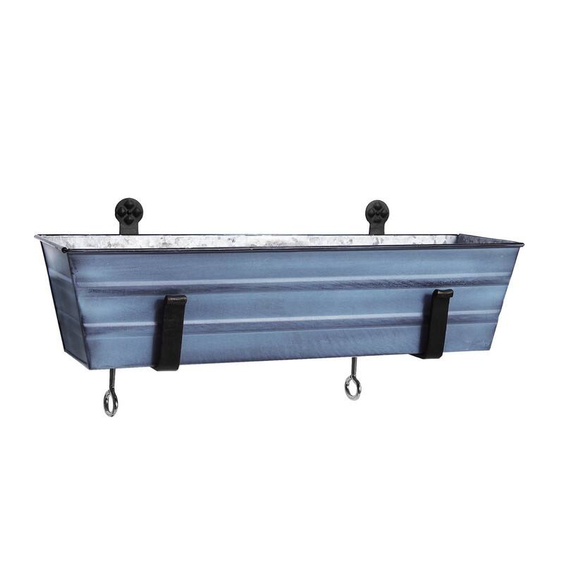 Achla Designs 22" W Rectangle Galvanized Steel Flower Box w/ Black Wrought Iron Clamp-On Brackets, Planter - Blue