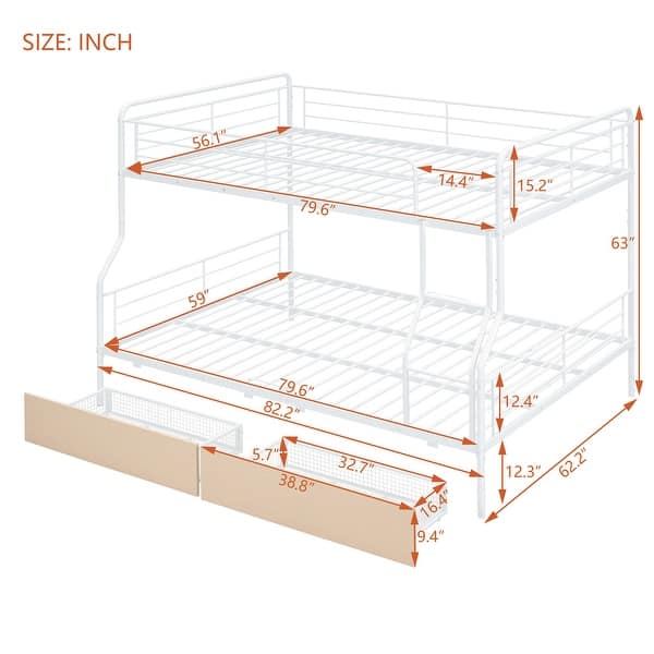 dimension image slide 1 of 2, Full XL Over Queen Metal Bunk Bed with 2 Drawers for Home