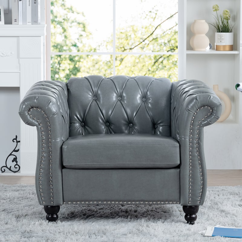 Faux Leather Single Sofa Chair Accent Chair, Mid-Century Modern Living Room Armchairs with with Rolled Arms & Nailhead Trim - Grey
