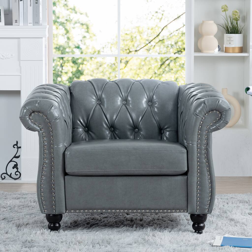 Gray PU 38.98" Buttons Tufted Accent Chair with Birch Legs