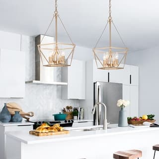 Rella Modern 4-light Lantern Chandeliers Brass Gold Pendant Lights for Dining Room - D15.5" x H81.5''