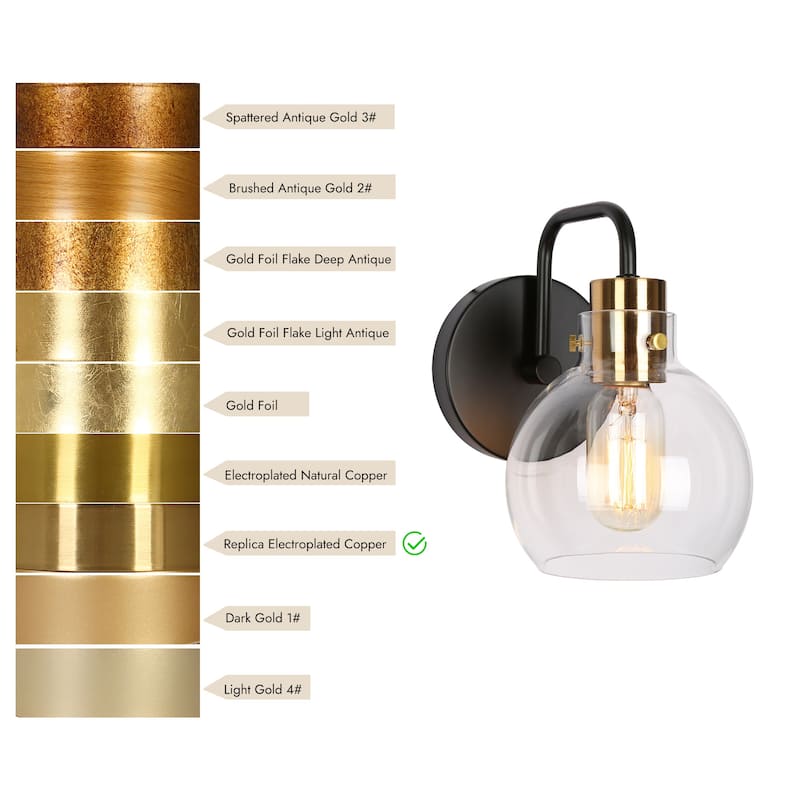 Modern 1-Light Black Gold Wall Sconces Globe Glass Bathroom Vanity Lights - 5.5" L x 8" W x 8.5" H