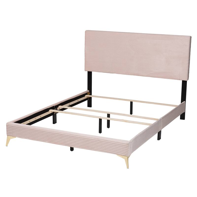 Modern Velvet Queen Bed - Pink Channel Tufted Panel Bed with Gold Metal Legs - Bedroom Furniture
