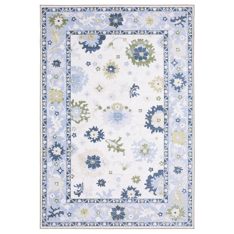 Ainsley Floral Traditional White/Blue Printed Washable Flat Pile Area Rug - 3'3" x 5'