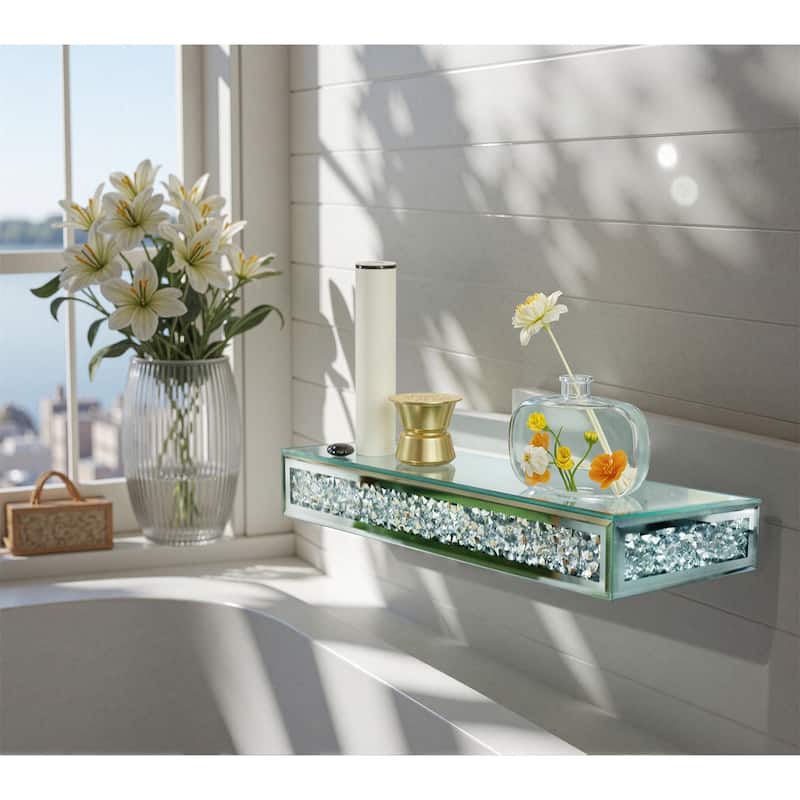 Mirrored Wall Floating Shelf with Crushed Diamonds Inlaid Storage Shelving Unit