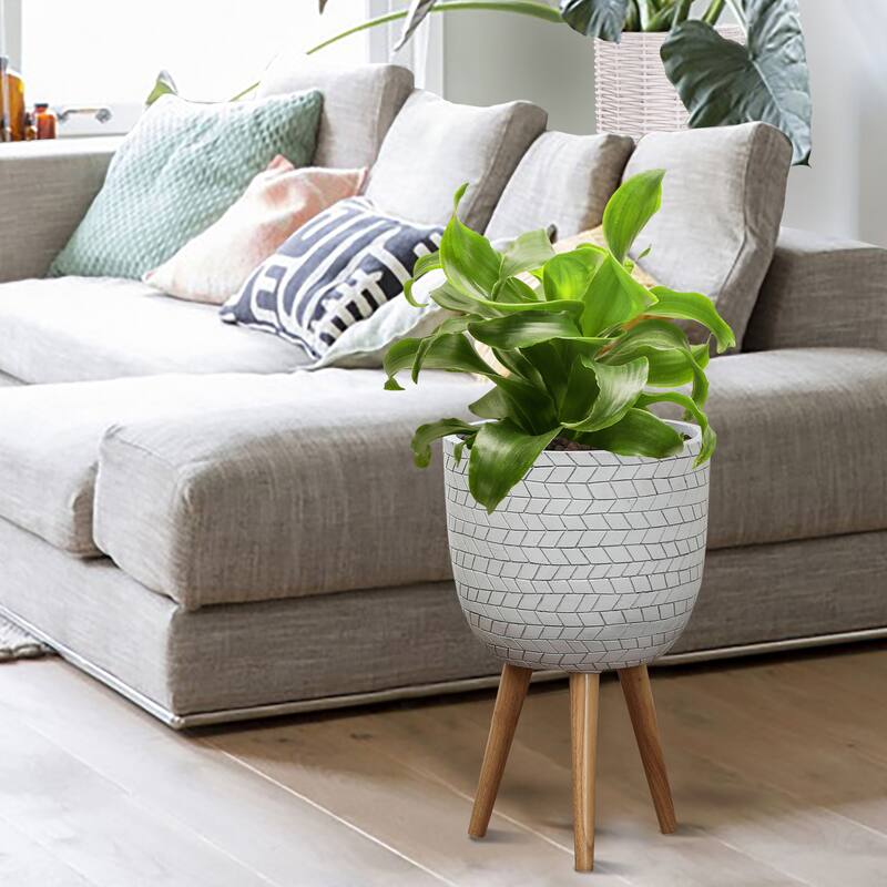 Cube Design White Round MgO Planter with Wood Legs