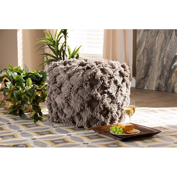 Daniel Moroccan Inspired Taupe Handwoven Cotton Fringe Pouf Ottoman
