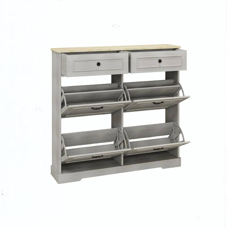Antique White Slim Shoe Storage Cabinet – Freestanding Organizer with 2 Drawers, 4 Flip-Up Compartments, and Adjustable Shelf
