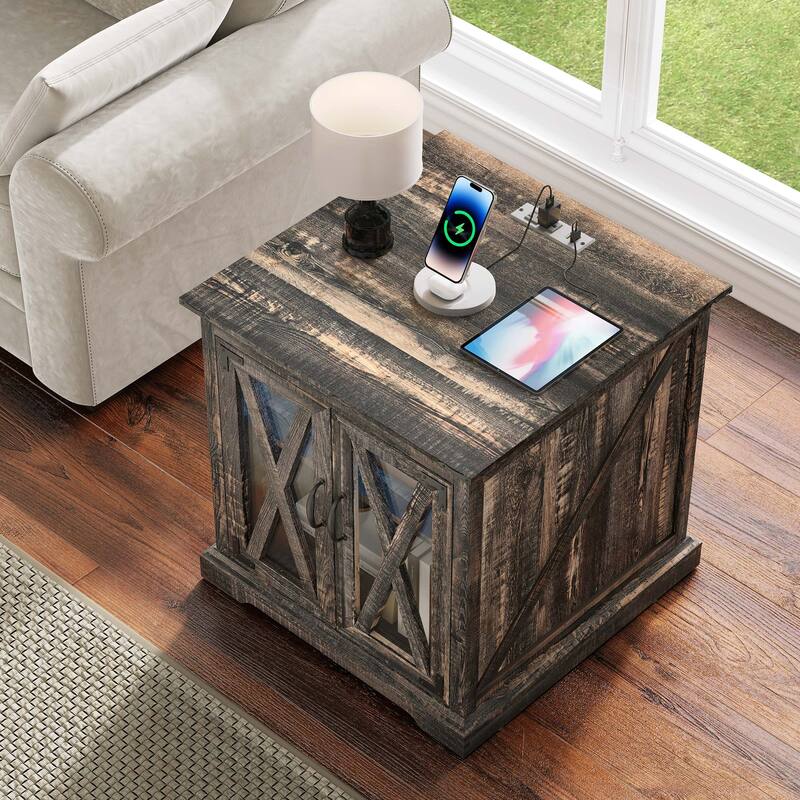 Moasis End Table with Charging Station, Farmhouse Side Table with Storage and Shelves