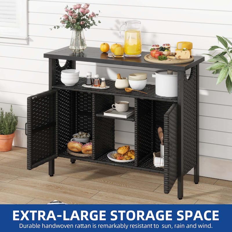 Moasis Wood and Wicker Outdoor Sideboard Storage Cabinet with Adjustable Shelves