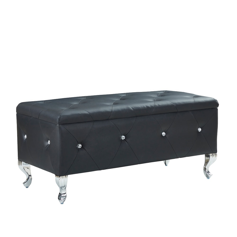 Storage Bench Leisure Stool with Safety Hinged Flap, End of Bed Decorative Bench with Crystal Buttons and Metal Legs