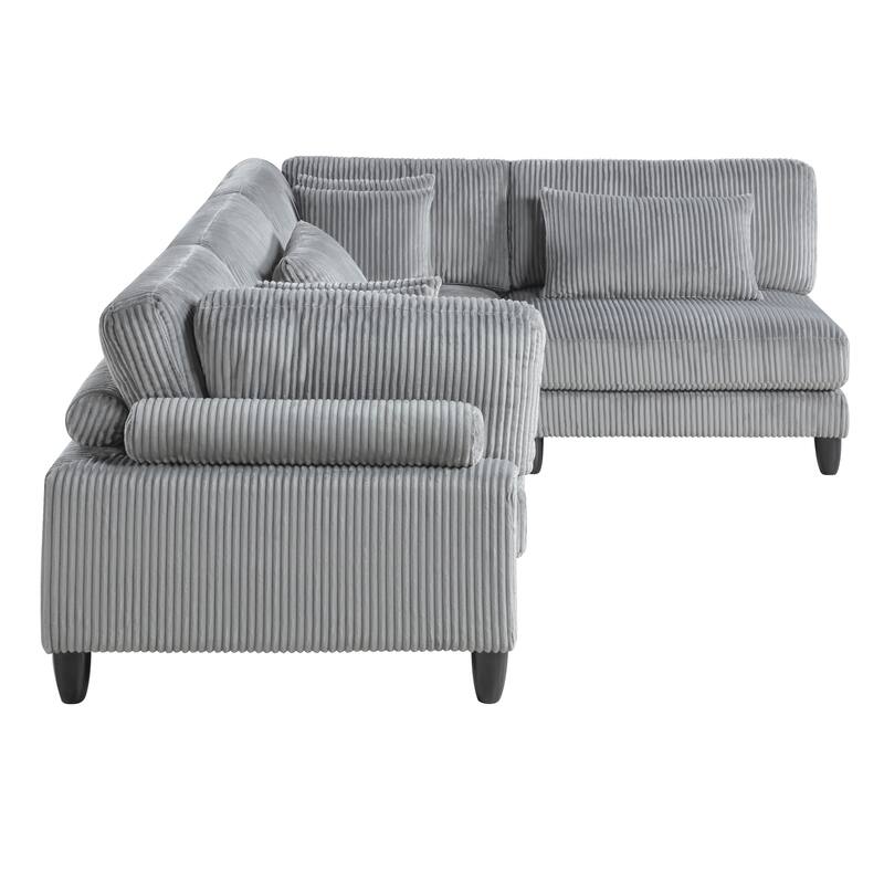 4-Piece Gray Corduroy Modular Sectional Sofa Set with Wood Legs & Frame, 6 Pillows Included