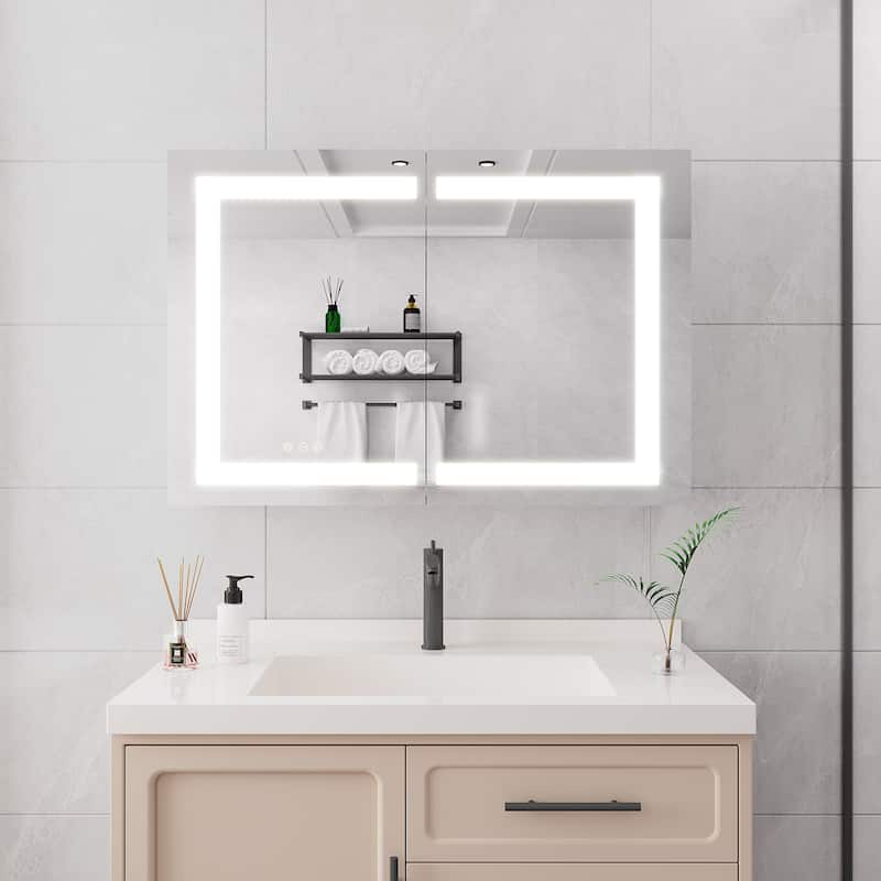 36" Surface Mount Aluminum Medicine Cabinet with Double Door, Mirror and LED Lights