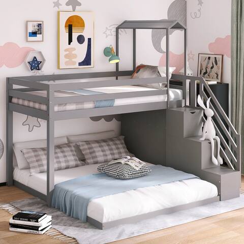 Twin over Full House Roof Bunk Bed with Shelves and Staircase