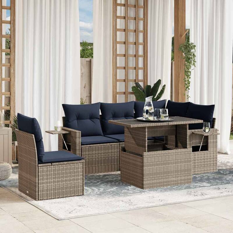 vidaXL Patio Sofa Set with Cushions Table and Couches 6 Piece Poly Rattan - 24.4 x 24.4 x 27.2 - Gray