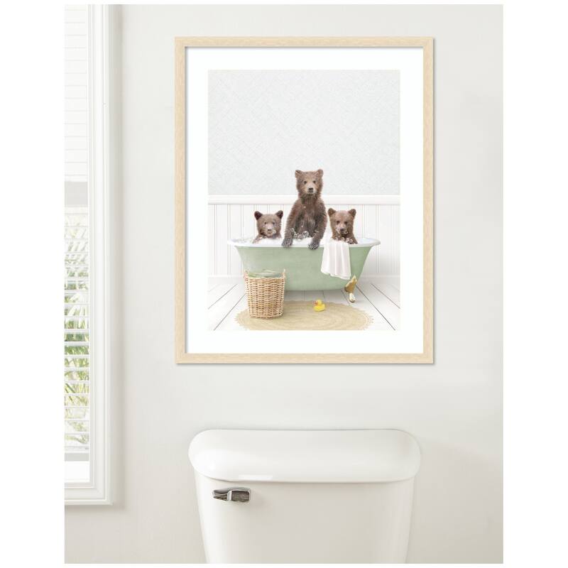 Kate and Laurel Three Bear Cubs in Cottage Green Bath by Amy Peterson Framed Wall Art Print