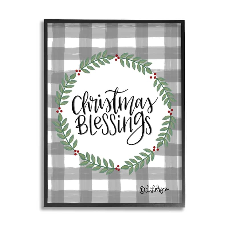 Stupell Christmas Blessings Calligraphy Tartan Holly Sprigs Border Framed Wall Art - Green - 24 x 30 - Black