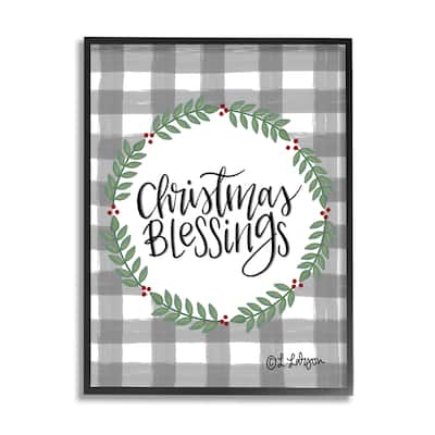 Stupell Christmas Blessings Calligraphy Tartan Holly Sprigs Border Framed Wall Art - Green
