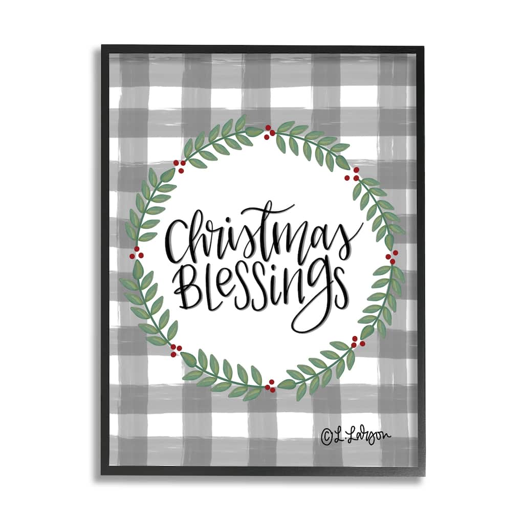Stupell Christmas Blessings Calligraphy Tartan Holly Sprigs Border Framed Wall Art - Green