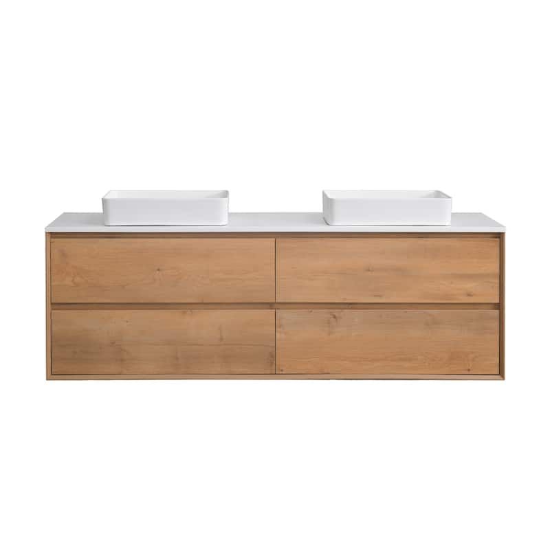 Sylphar 72 inch Toffee Oak Floating Bathroom Vanity with White Quartz Top - Rectangle Sink Style