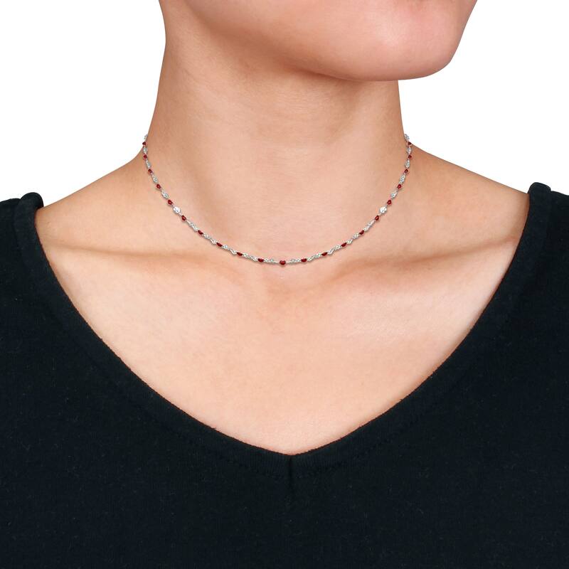 Miadora Red Enamel Heart Link Chain Station Necklace in Sterling Silver-16 in+2 ext