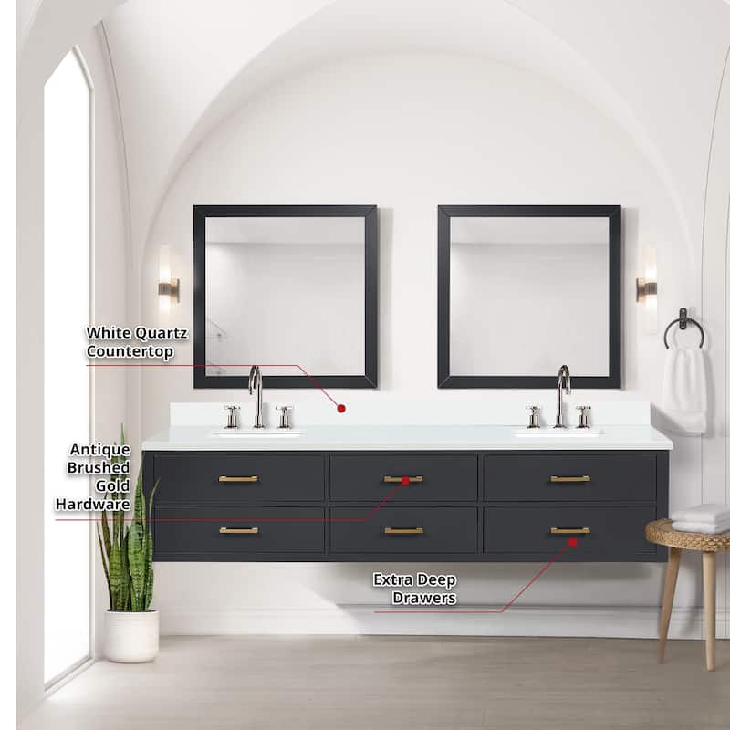 Castor 60 in W x 22 in D Black Double Bath Vanity, White Quartz Top, and 28 in Mirrors