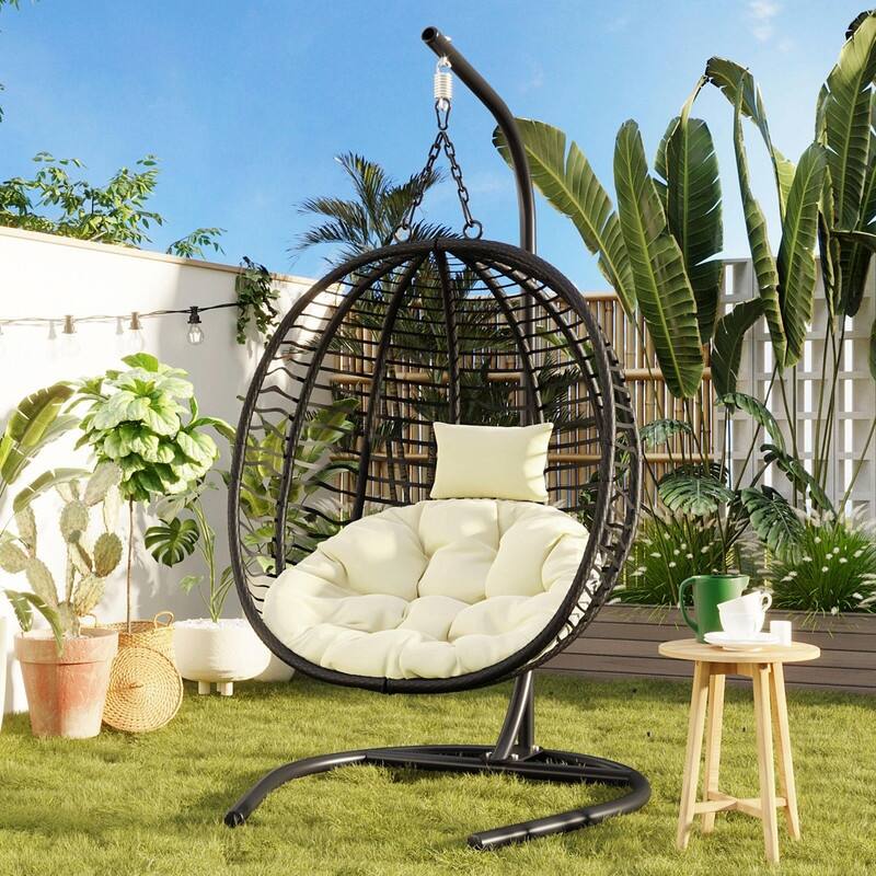 Single Person Folding Egg Chair with Stand, Indoor Outdoor Hanging Wicker Swing Chair with Adjustable Feet - Black+Beige