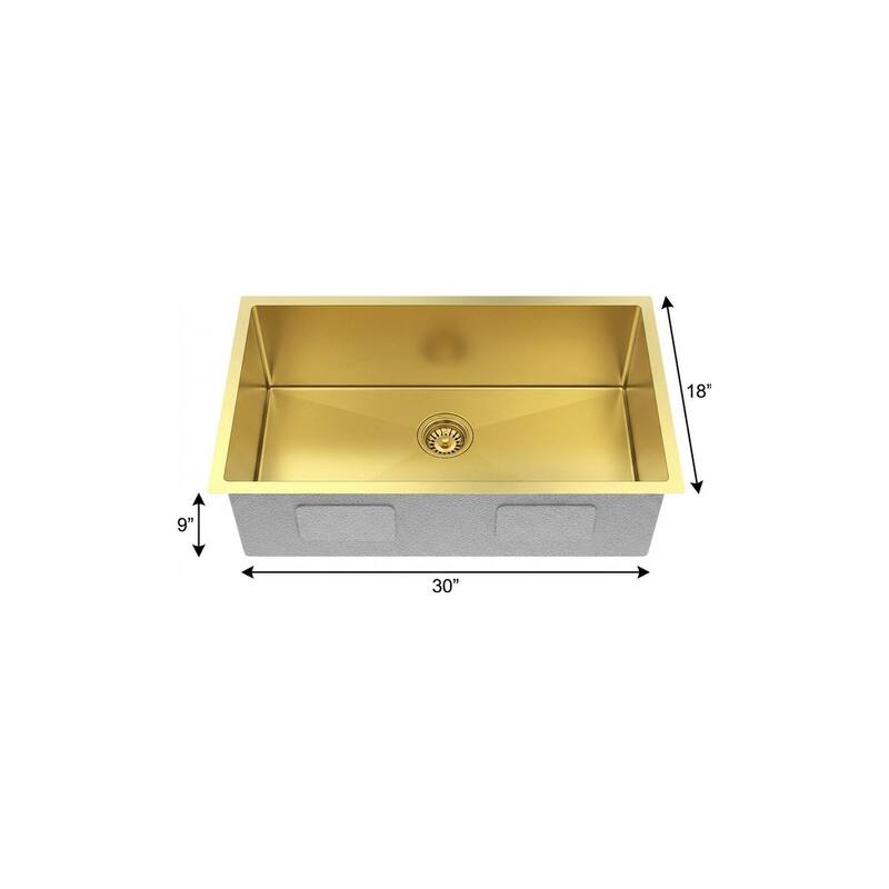 HomeRoots 9" X 30" Gold Stainless Steel Undermount Kitchen Sink - 30.00 in. x 9.00 in. x 18.00 in.