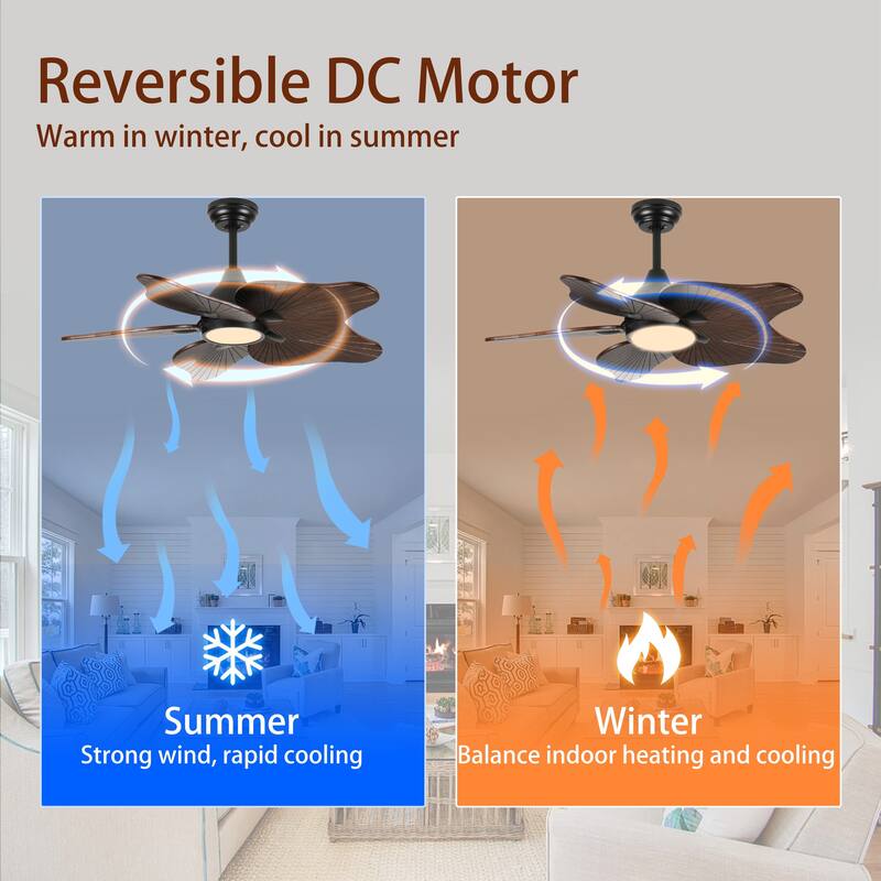 44-Inch Ceiling Fan with Light, 5 Solid Wood Blades, DC Motor, APP & Remote Control, Dimmable Full-Spectrum LED - Acacia Wood
