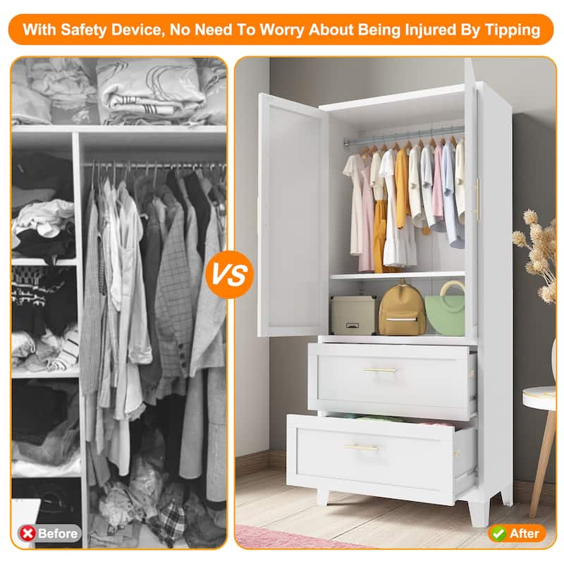 71" Metal Wardrobe Cabinet with Drawers and Hanging Rod, Steel Storage Closet with Shelf for Bedroom, Office & Entryway