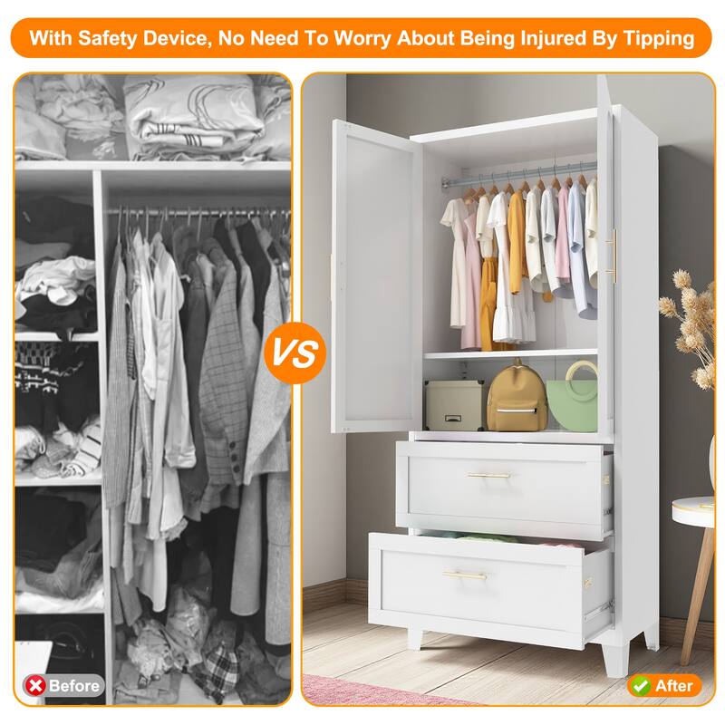 Rossetta 71" Tall Space-Saving Design Metal White Wardrobe Cabinet with Adjustable Shelf and Hanging Rod, Drawers