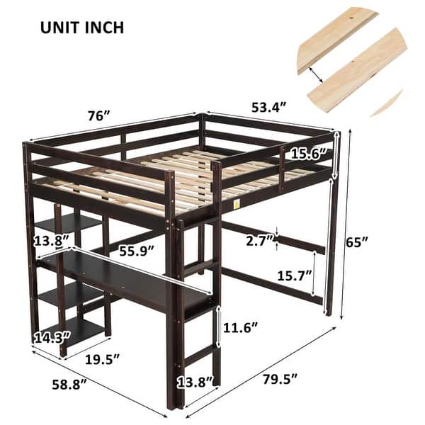 dimension image slide 1 of 4, Modern Solid Wood Frame Loft Bed with Desk and Shelves