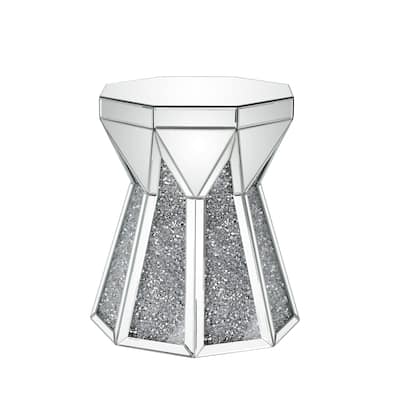 Multiple Faceted Mirrored End Table with Faux Diamonds, Silver