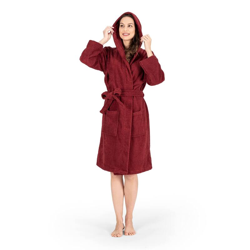 Luxury Hooded Terry Cotton Unisex Bathrobe Collection - L - Red