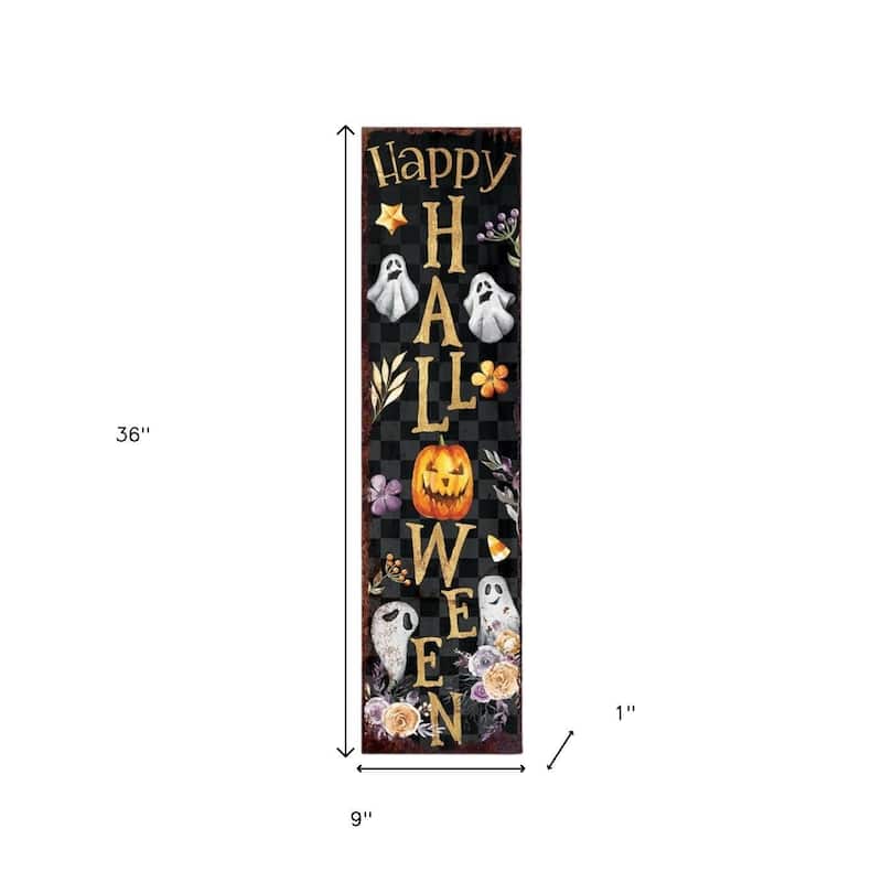 HomeRoots 36" Black Gold Orange And Purple Solid Wood Happy Halloween Ghost Porch Sign