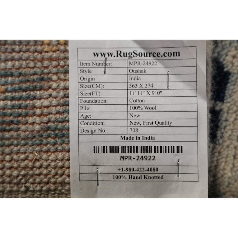 All-Over Geometric Oushak Indian Area Rug Hand-Knotted Wool Carpet - 9'0" x 11'11"