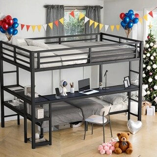 Black Metal Bunk Bed with Desk,LED and USB, Full XL Over Twin